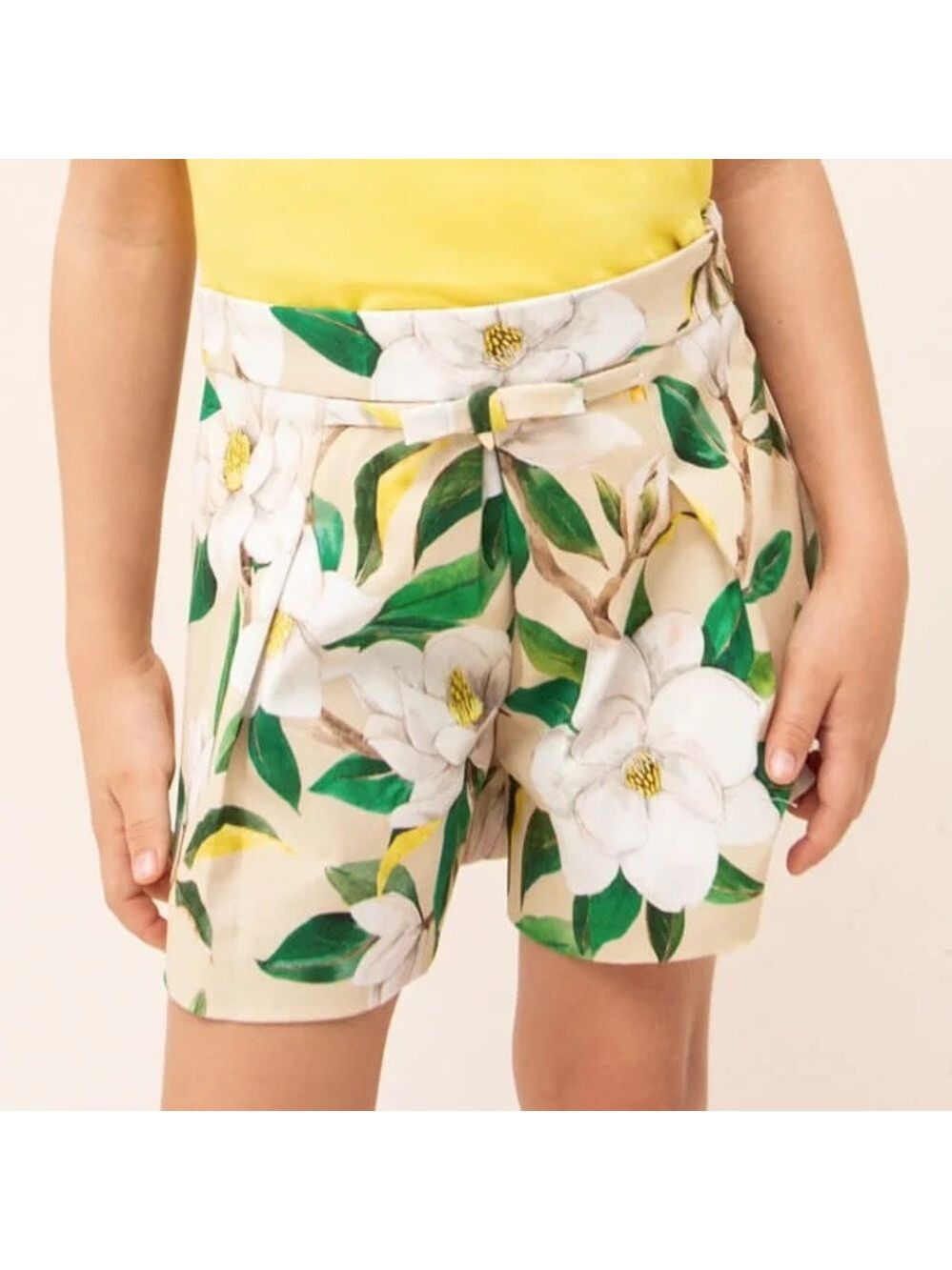 Size 4 Girls Mayoral Floral Print Kids Shorts in Green and Cream